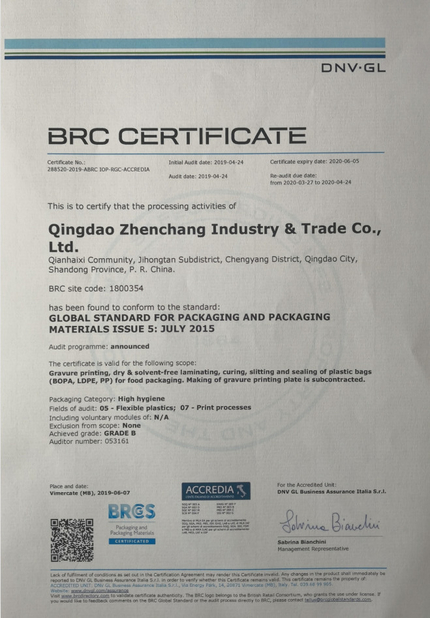 China Qingdao Zhenchang Industry and Trade Co., Ltd. Certification